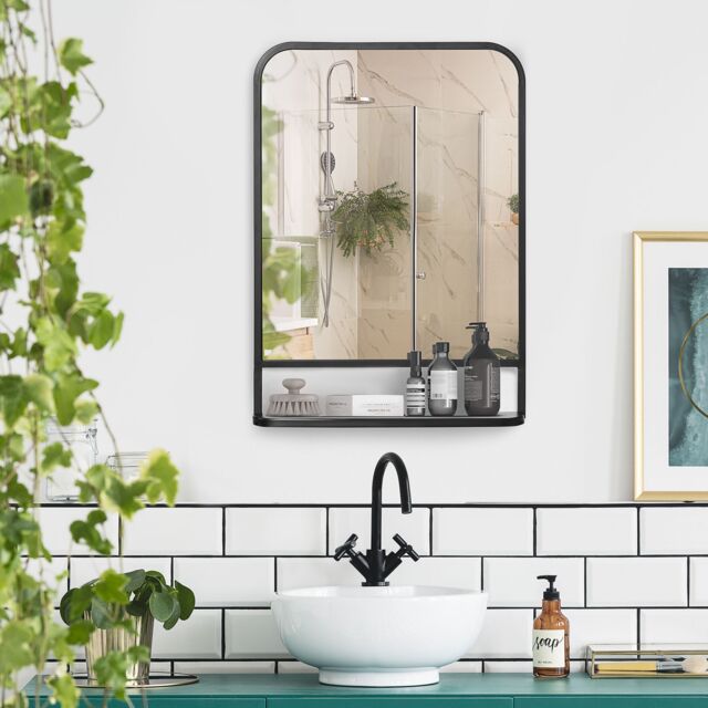 HOMCOM Square Wall Mirror with Shelf, 70x50 cm Modern Mirrors for Living Room, Bedroom in Black - Size: Large - image 1