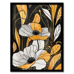 "Artery8 Abstract Gold Black Poppy Flowers Floral Painting Framed Wall Art - Size: W12"" x H16""" - thumbnail 1