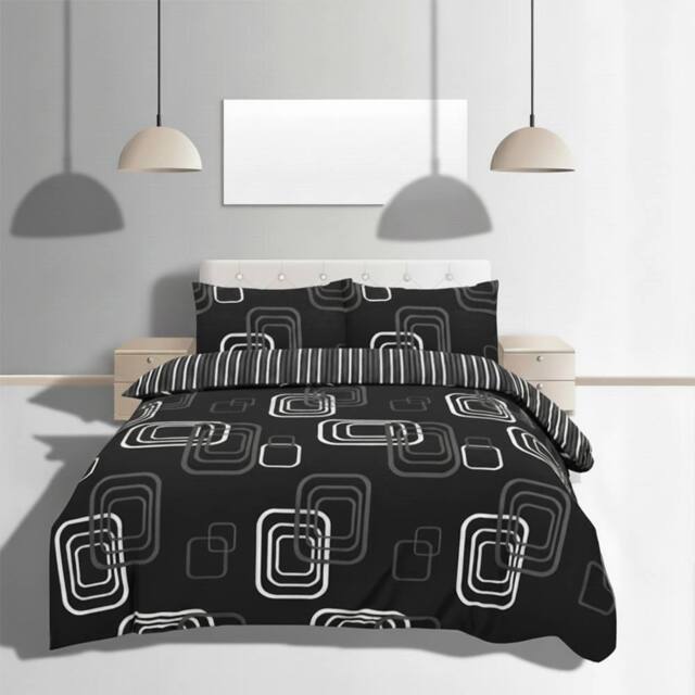 Snug City Duvet Cover & Pillowcase Set Geometric Square Design Bed Linen in Black - Size: Single - image 1
