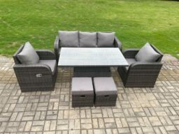 Fimous Rattan Furniture Garden Dining Sets Outdoor Height Adjustable Rising lifting Table & Chair Set With Lounge Sofa 2 Small Footstools in Dark Grey - thumbnail 1