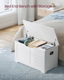 VASAGLE Medium Rustic Storage Chest Blanket Box Safety Hinges Bench in White - thumbnail 3