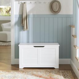VASAGLE Medium Rustic Storage Chest Blanket Box Safety Hinges Bench in White