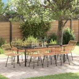 Berkfield Home 9 Piece Garden Dining Set Brown Poly Rattan in Beige - thumbnail 1