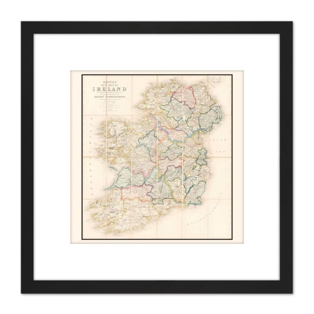 Artery8 John Bett's New Map Ireland 8X8 Inch Square Wooden Framed Wall Art Print Picture with Mount in Black - image 1