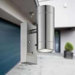 First Choice Lighting Blaze - Stainless Steel Outdoor Up Down Photocell Sensor Wall Light in Silver - thumbnail 2