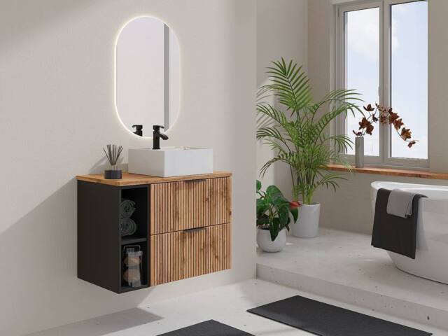 Vente-unique Fluted Wall-Hung Bathroom Unit With Open Shelves & Square Countertop in Black - image 1