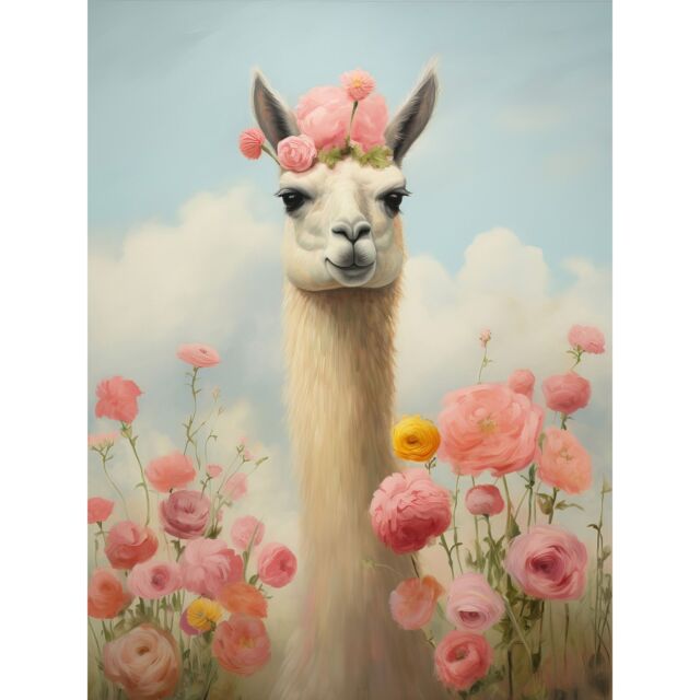 "Artery8 Wall Art Print Llama & Peonies Pink Elegant Artwork Kids Bedroom Floral Portrait with Roses Poster - Size: W12"" x H16""" - image 1