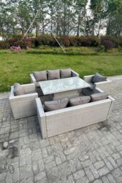 Fimous Rattan Garden Funiture Set Adjustable Rising Lifting Table Sofa Dining Set Lounge Sofa With Arm Chair in Light Grey