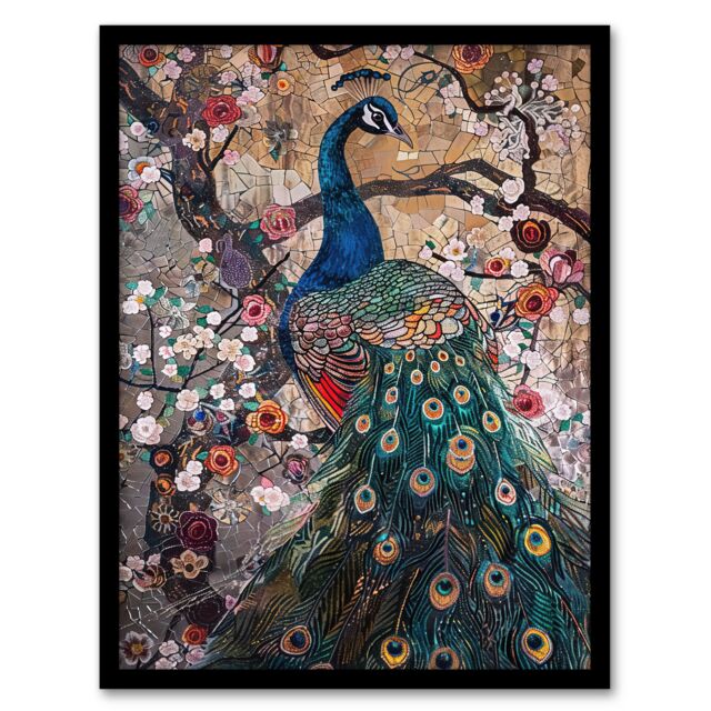 Artery8 Mosaic Peacock in Flowers Tree Detailed Artwork Framed Art Print - Size: A4 - image 1