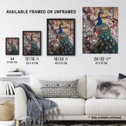 Artery8 Mosaic Peacock in Flowers Tree Detailed Artwork Framed Art Print - Size: A4 - thumbnail 3