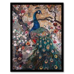 Artery8 Mosaic Peacock in Flowers Tree Detailed Artwork Framed Art Print - Size: A4 - thumbnail 1