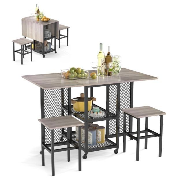 Costway Drop Leaf Bar Table Set 3 Piece Folding Dining Table Set w/2 Stools in Grey - image 1
