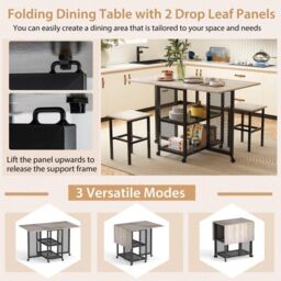 Costway Drop Leaf Bar Table Set 3 Piece Folding Dining Table Set w/2 Stools in Grey - thumbnail 7