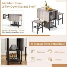 Costway Drop Leaf Bar Table Set 3 Piece Folding Dining Table Set w/2 Stools in Grey - thumbnail 9