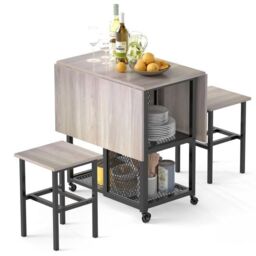 Costway Drop Leaf Bar Table Set 3 Piece Folding Dining Table Set w/2 Stools in Grey - thumbnail 3