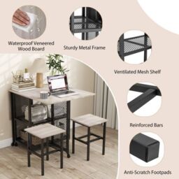 Costway Drop Leaf Bar Table Set 3 Piece Folding Dining Table Set w/2 Stools in Grey - thumbnail 6