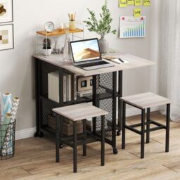 Costway Drop Leaf Bar Table Set 3 Piece Folding Dining Table Set w/2 Stools in Grey - thumbnail 5