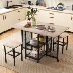 Costway Drop Leaf Bar Table Set 3 Piece Folding Dining Table Set w/2 Stools in Grey - thumbnail 2