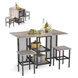 Costway Drop Leaf Bar Table Set 3 Piece Folding Dining Table Set w/2 Stools in Grey - thumbnail 1