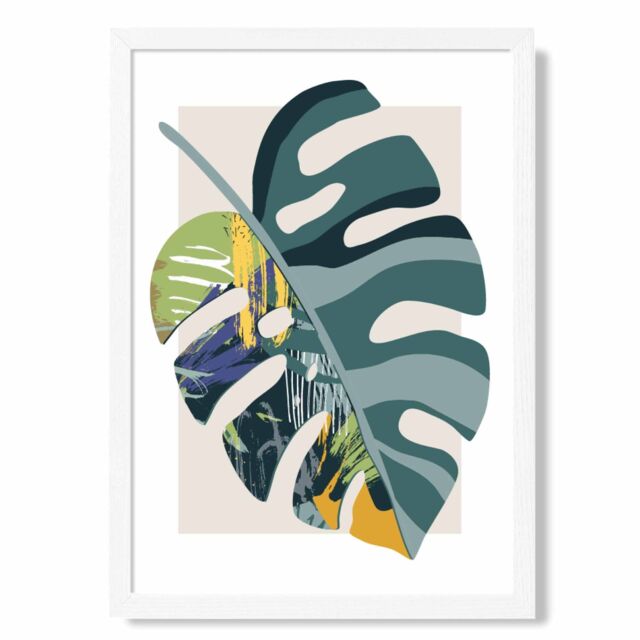 ARTZE Monstera Teal & Green Mid Century Modern Framed Print SIZE: A3 with White Frame - Size: A4 - image 1