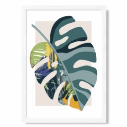 ARTZE Monstera Teal & Green Mid Century Modern Framed Print SIZE: A3 with White Frame - Size: A4