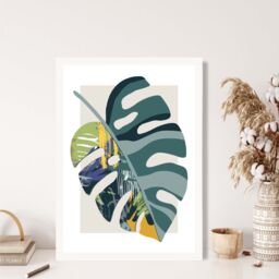 ARTZE Monstera Teal & Green Mid Century Modern Framed Print SIZE: A3 with White Frame - Size: A4 - thumbnail 2
