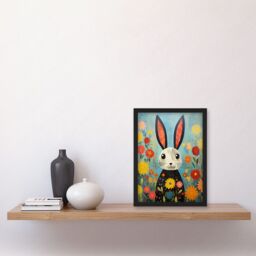 Artery8 Wall Art Print Funny Bunny Modern Floral Rabbit Animal Artwork for Kids Bedroom or Baby Nursery Artwork Framed A4 in Black - thumbnail 2