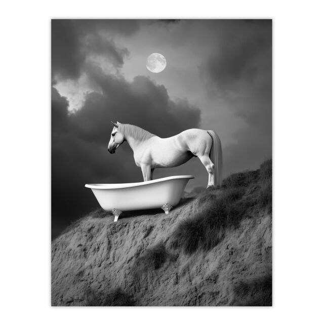 "Artery8 Horse Bathtub Full Moon Cliff Surreal Black White Wall Art Print in Grey - Size: W12"" x H16""" - image 1
