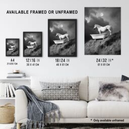 "Artery8 Horse Bathtub Full Moon Cliff Surreal Black White Wall Art Print in Grey - Size: W12"" x H16""" - thumbnail 3