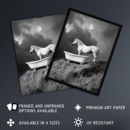 "Artery8 Horse Bathtub Full Moon Cliff Surreal Black White Wall Art Print in Grey - Size: W12"" x H16""" - thumbnail 2