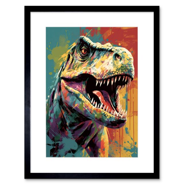 "Artery8 Wall Art Print Roaring T-Rex Multicoloured Dinosaur Portrait Artwork Framed 9X7 Inch in Black - Size: W7"" x H9""" - image 1