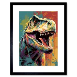 "Artery8 Wall Art Print Roaring T-Rex Multicoloured Dinosaur Portrait Artwork Framed 9X7 Inch in Black - Size: W7"" x H9""" - thumbnail 1