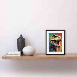 "Artery8 Wall Art Print Roaring T-Rex Multicoloured Dinosaur Portrait Artwork Framed 9X7 Inch in Black - Size: W7"" x H9""" - thumbnail 2