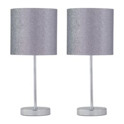 First Choice Lighting Set of 2 Chrome Stick Table Lamps with Grey Glitter Shades in Silver
