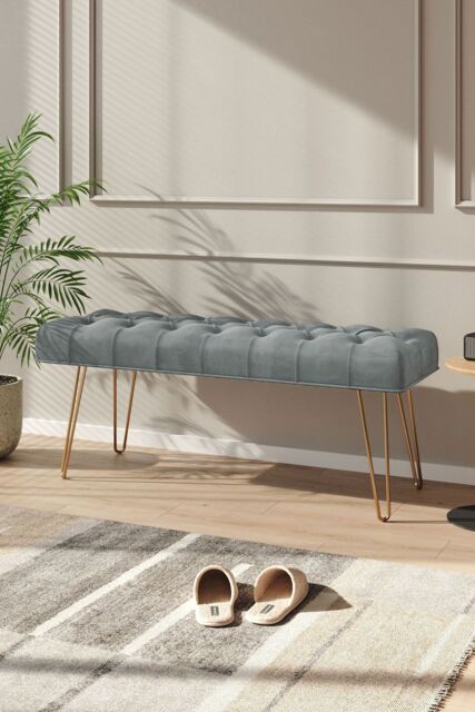 Grey Buttoned Velvet Bench with Hairpin Legs - image 1