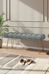 Grey Buttoned Velvet Bench with Hairpin Legs - thumbnail 1