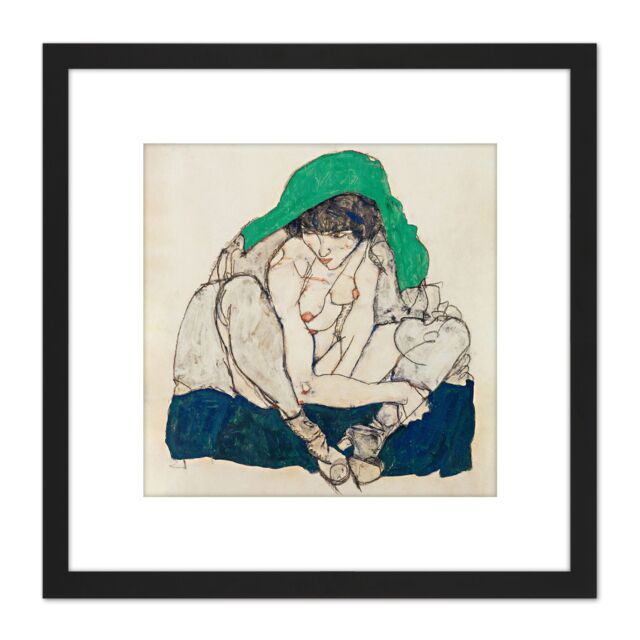 Artery8 Egon Schiele Crouching Woman With Green Headscarf 8X8 Inch Square Wooden Framed Wall Art Print Picture with Mount in Black - image 1
