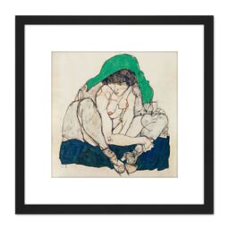 Artery8 Egon Schiele Crouching Woman With Green Headscarf 8X8 Inch Square Wooden Framed Wall Art Print Picture with Mount in Black - thumbnail 1