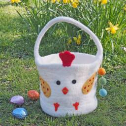 Paper High Felt Easter Chicken Basket with Colourful Ball Charms in White