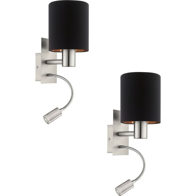 Loops 2 PACK Wall Light Satin Nickel Shade Black Copper Fabric E27 LED 1x40W 1x3.5W - image 1