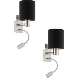 Loops 2 PACK Wall Light Satin Nickel Shade Black Copper Fabric E27 LED 1x40W 1x3.5W - thumbnail 1