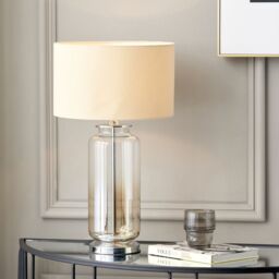 Ruma Glass Cylinder Table Lamp With Gold Detail & White Lampshade in Cream - thumbnail 1