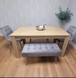 KOSY KOALA Oak Effect Dining Table Set With 2 Grey Velvet Chairs & 2 Grey Benches Dining Room Furniture in Brown - thumbnail 4