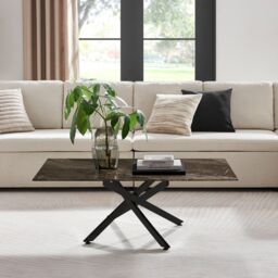 FurnitureboxUK Leonardo Rectangular Marble Effect Glass Top Coffee Table With Black Metal Starburst Legs in Grey