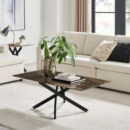 FurnitureboxUK Leonardo Rectangular Marble Effect Glass Top Coffee Table With Black Metal Starburst Legs in Grey - thumbnail 2