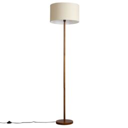 ValueLights Heather Dark Wood Floor Lamp with Fabric Drum Shade & LED Bulb in White - thumbnail 1