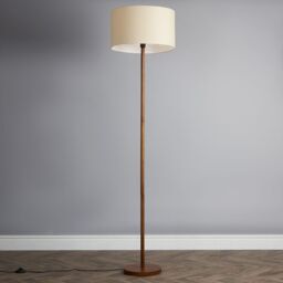 ValueLights Heather Dark Wood Floor Lamp with Fabric Drum Shade & LED Bulb in White - thumbnail 2