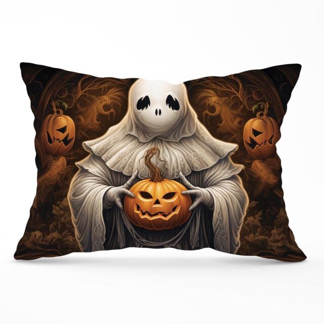 Warren Reed - Designer Spooky White Ghost Holding Pumpkin Cushions - Size: 60 cm x 60 cm - image 1
