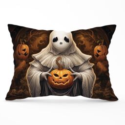 Warren Reed - Designer Spooky White Ghost Holding Pumpkin Cushions - Size: 60 cm x 60 cm - thumbnail 1