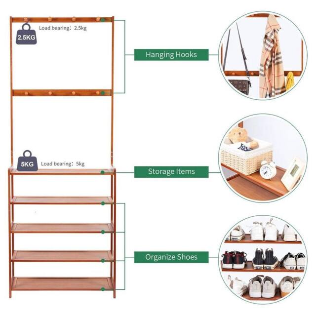 Hinsinc 3-in-1 Bamboo Hall Tree Clothes Rail Shoe Rack Stand in Brown - Size: 500mm - image 1